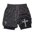 Detail of 2-in-1 men's running shorts showing breathable mesh fabric and gothic cross print - M / Dark Grey (13)