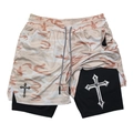 Detail of 2-in-1 camo sports shorts showing mesh fabric and gothic cross print - M / Beige Camouflage (14)