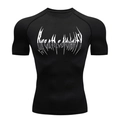 Men's black compression short sleeve t-shirt with white gothic print for bodybuilding - Black White Print