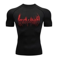 Detail of red Breathe Divinity gothic print on black compression gym t-shirt for men - Black Red Print