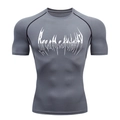 Close-up of dark grey compression t-shirt featuring white gothic chest print and stitching - Gray White Print