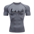 Men's grey compression shirt with athletic fit and gothic letter print for gym training - Gray Black Print