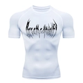 Detail of white compression t-shirt showing breathable fabric and gothic print design - White Black Printed Style