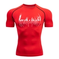 Detail view of red compression shirt with Breathe Divinity print and black contrast stitching - Red White Print