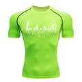 Detail of neon green compression gym shirt featuring artistic white chest print design - Fluorescent Green White Print