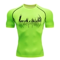 Detail of neon green compression gym shirt with black raglan seams and graphic print - Fluorescent Green Black Print