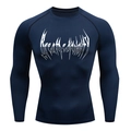 Detail of navy blue compression shirt featuring crew neck and raglan sleeve design - Navy Long Sleeve White Print