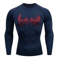 Detail of navy blue compression shirt featuring red Breathe Divinity print on the chest - Navy Long Sleeve Red Print