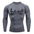 Detail of grey men's compression long sleeve shirt showing Breathe print and raglan seams - Gray Long Sleeve Black Print