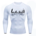 Close-up of white compression long sleeve shirt with black gothic text on the chest - White Long Sleeve Black Print
