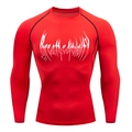Detailed view of red compression long sleeve shirt with white gothic chest print - Red Long Sleeve White Print