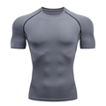 Men's grey compression workout t-shirt with black raglan sleeves and athletic seams - S / T-Shirts / Gray