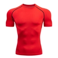 Close-up of red compression t-shirt for men with black contrast stitching detail - M / T-Shirts / Red
