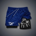 Detail view of double-layer sports shorts with white ghost print on black inner lining - S / Dark Blue/Black
