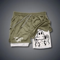 Men's double layer quick-dry sports shorts in olive green with a ghost print liner - S / Olive Green/White