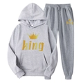 Tuta sportiva grigia con felpa con cappuccio e pantaloni con stampa corona dorata - Taglia S / KING / Grigio chiaro