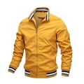 Bright yellow men's casual windbreaker jacket with striped knit collar and sleeve cuffs - M / Yellow