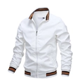 Men's casual white zip-up jacket with orange and grey striped ribbed cuffs and collar - M / White