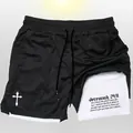 Men's 2-in-1 sports shorts in black mesh with Jeremiah 29:11 bible verse and cross print - Black With White Lining