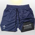 Men's 2-in-1 sports shorts in navy blue with cross print and compression lining - Navy Blue With Black Lining