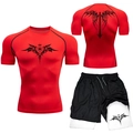Set fitness MMA con maglia a compressione rossa e pantaloncini con motivo tribale - Taglia S / Stile Ala Gotica Rossa (4)