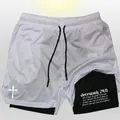 Men's double-layer athletic shorts in white mesh and black inner with religious print - White With Black Lining