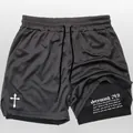 Men's dark gray 2-in-1 sports shorts with Jeremiah 29:11 scripture print and cross design - Black