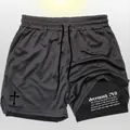 Men's dark gray double-layer athletic shorts with Gothic cross and interior text print - Black-1