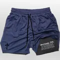 Navy blue 2-in-1 men's sports shorts with mesh fabric and Jeremiah 29:11 scripture print - Navy Blue With Black Lining Pattern 1
