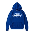 Detail view of royal blue Corteiz hoodie featuring white island graphic and size label - S / Royal Blue (White Label)