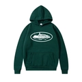 Detail of dark green hoodie with white oval landscape print and drawstring hood - S / Dark Green (White Label)