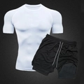 Detail of men's two-piece quick-dry swim set with white compression top and black shorts - M / White Top And Black Shorts