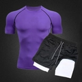 Detail of purple short-sleeve rash guard and 2-in-1 quick-dry swimming shorts - M / Top And Bottom / Purple + Black