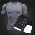 Men's quick-dry swimwear set with grey compression tee and double-layer swim trunks - M / Top And Bottom / Grey + Black
