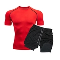 Men's quick-dry swimwear set with red compression shirt and double-layer black shorts - M / Red Top And Black Shorts