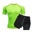 Men's neon green compression t-shirt and black double-layer quick-dry sports shorts set - M / Fluorescent Green Top And Black Shorts