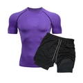 Men's quick-dry swimwear set with purple compression top and black double-layer shorts - M / Purple Top And Black Shorts