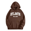 Dark brown fleece hoodie featuring white Atlanta Georgia print with kangaroo pocket - S / Tops / Coffee Atlanta Style (htu46578)
