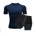 Men's quick-dry swimwear set with navy blue compression shirt and black double-layer shorts - M / Dark Blue Top And Black Shorts