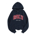 Men's casual navy blue fleece hoodie with red Brooklyn New York letter print - S / Tops / Navy Brooklyn Style (htu46578)