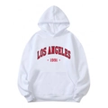 White fleece hoodie featuring red Los Angeles 1991 graphic print and kangaroo pocket - S / Tops / White Los Angeles 1991 Style (htu46578)