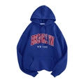 Men's navy blue fleece hoodie featuring red Brooklyn New York print and kangaroo pocket - S / Tops / Royal Blue Brooklyn Style (htu46578)