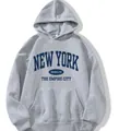 Grey hooded sweatshirt with New York Brooklyn vintage letters and kangaroo pocket - S / Tops / Gray 9 New York Style (htu46578)