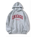Men's light grey hooded sweatshirt featuring Chicago U.S.A collegiate graphic print - S / Tops / Gray Chicago Style