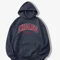 Charcoal grey hoodie with red Chicago USA print and kangaroo pocket in flat lay - S / Tops / Dark Gray Chicago Style