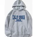 Grey drawstring hoodie with blue California San Francisco vintage print and kangaroo pocket - S / Tops / Gray San Francisco Style