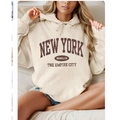 Men's oversized beige hoodie with vintage New York Brooklyn graphic and drawstring hood - S / Tops / Apricot New York Style