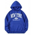 Men's loose hooded sweatshirt in navy blue featuring New York Brooklyn vintage prints - S / Tops / Royal Blue New York Style (htu46578)