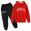 Detail view of red Los Angeles California hoodie with matching black sweatpants set - 100cm / Red