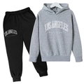 Kids grey Los Angeles hoodie and black joggers set featuring vintage white lettering - 100cm / Light Gray